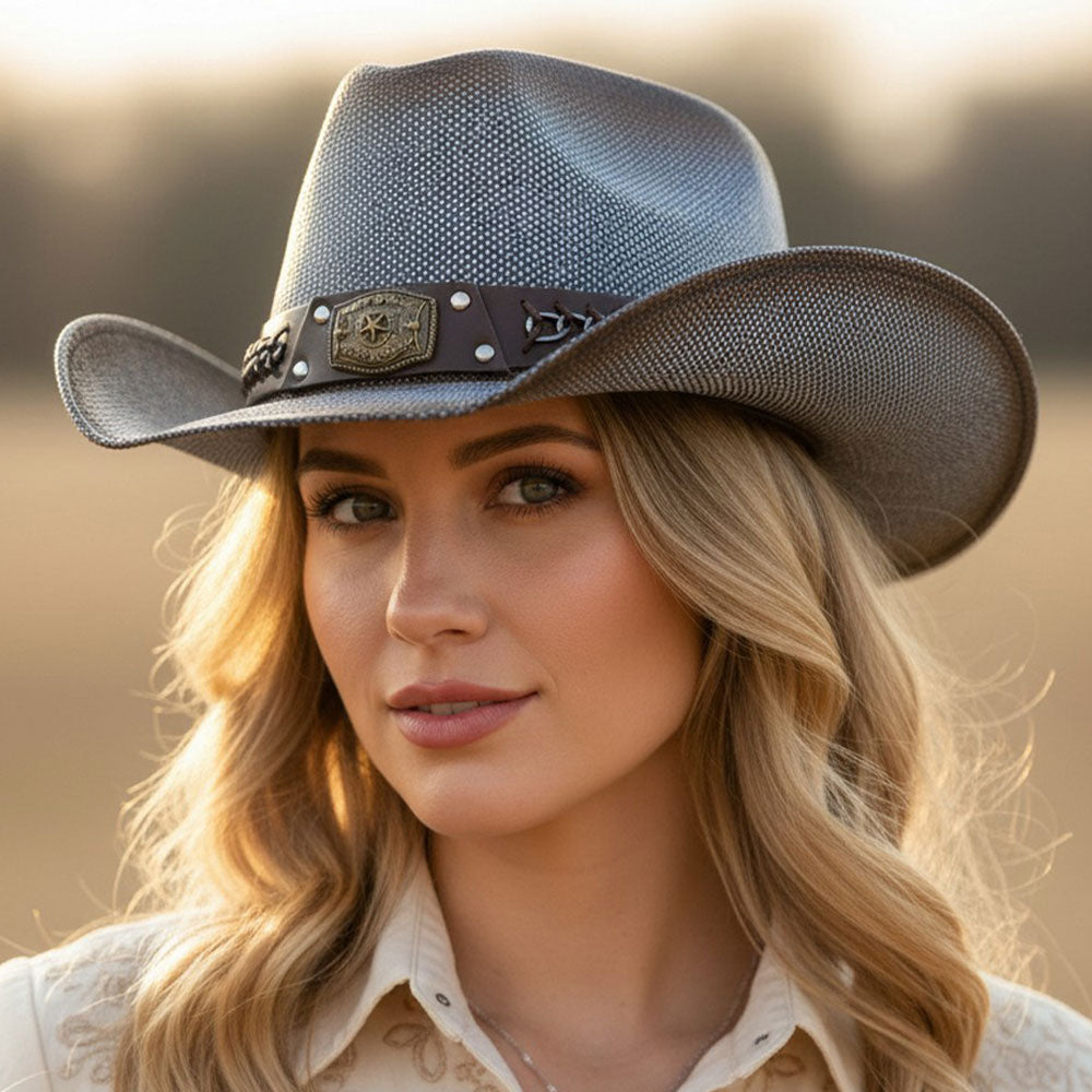 Rustic Star Concho Belt Accent Faux Leather Band Western Straw Cowboy Hat