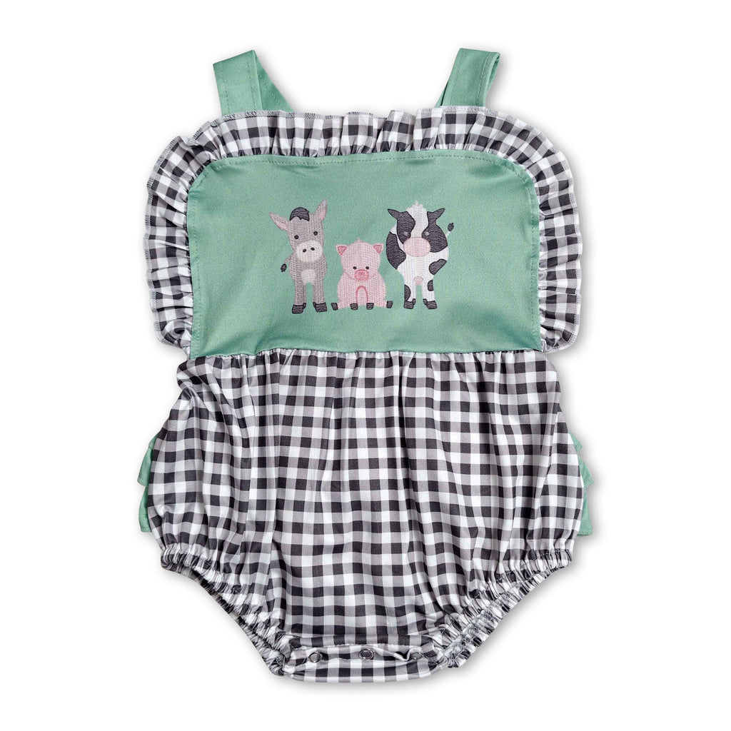 Straps cow pig ruffle plaid farm baby summer romper