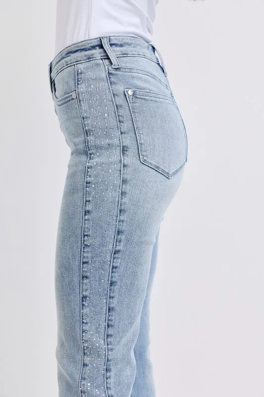 Judy Blue Full Size Mid Rise Rhinestone Side Panel Detail Flare Jeans Plus Size