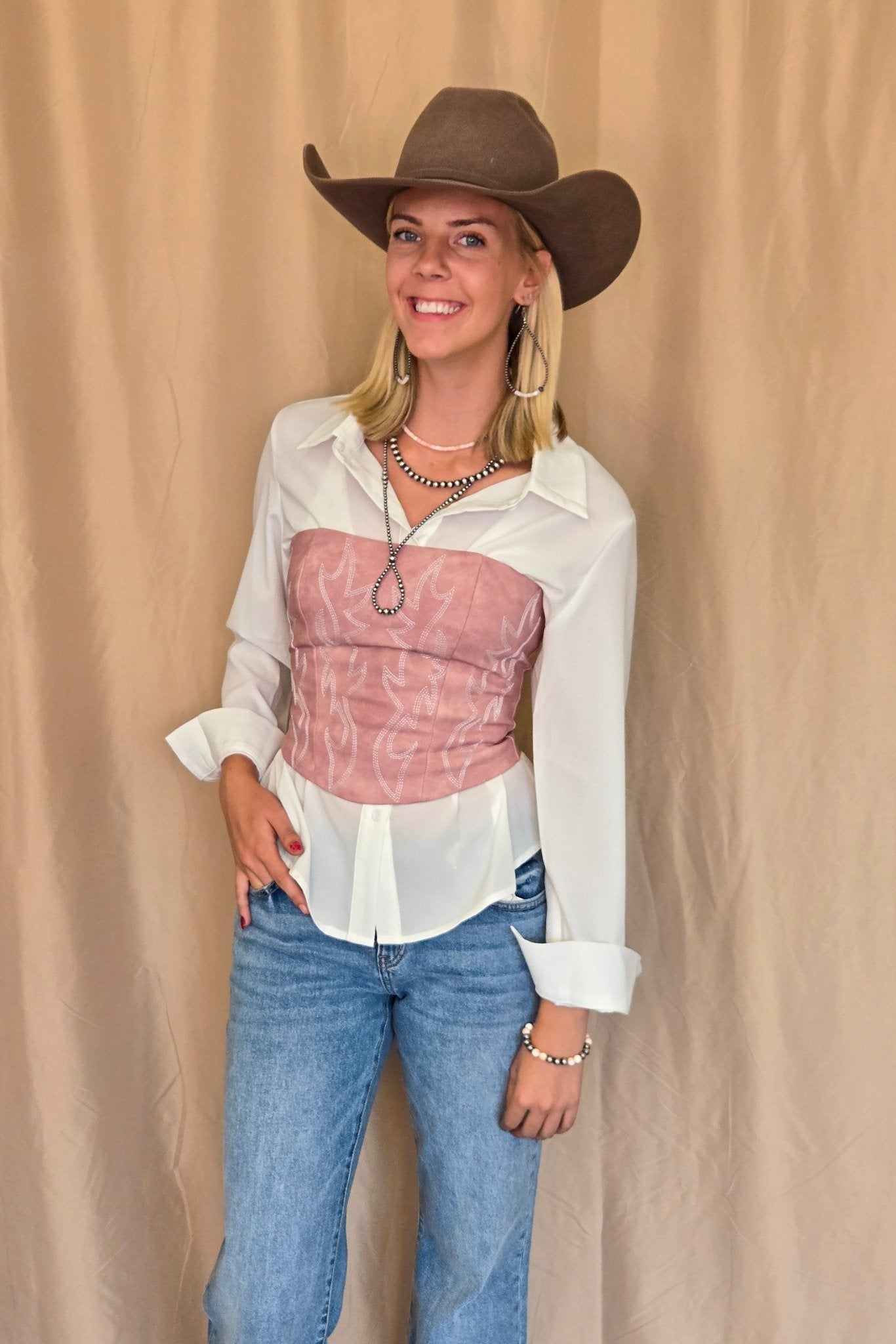 TICTOC "Jolene" Embroidered Western Corset Top — PU Vegan Leather Bandeau with Lace-Up Back (4 Colors)