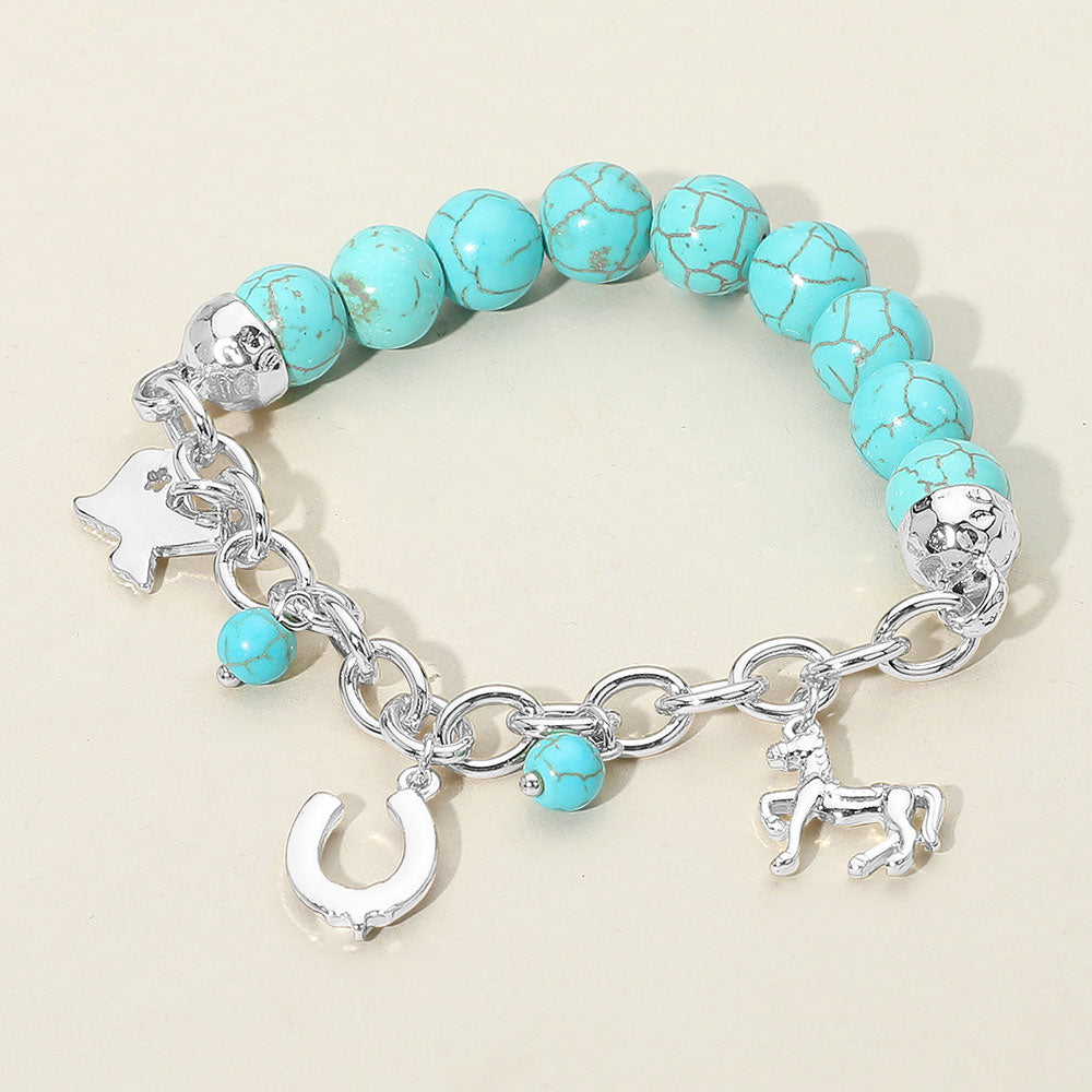 SECRET BOX Western Horse Horseshoe Texas Map Charm Station Turquoise Stone Beaded Stretch Bracelet