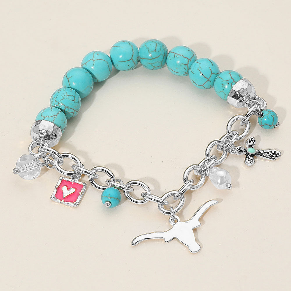 SECRET BOX Western Steer Head Cross Heart Pearl Charm Beaded Stretch Bracelet